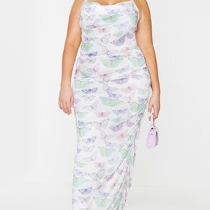 Plus White Butterfly Print Mesh Cowl Maxi Dress